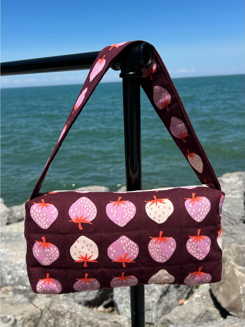 Quilted Strawberry Print Baguette Shoulder Bag